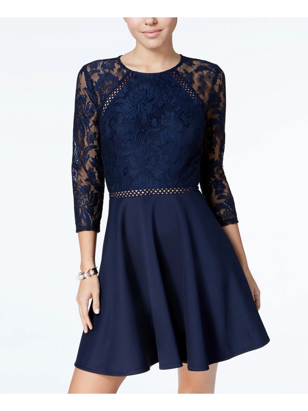 City Studio Navy Lace Fit-and-Flare Long Sleeve Dress